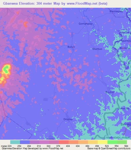 Gbanwea,Liberia Elevation Map