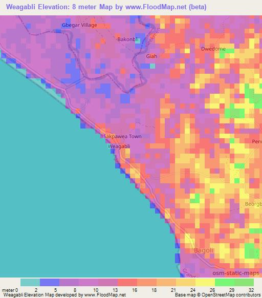 Weagabli,Liberia Elevation Map