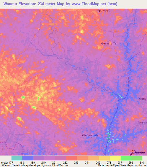 Waumu,Liberia Elevation Map