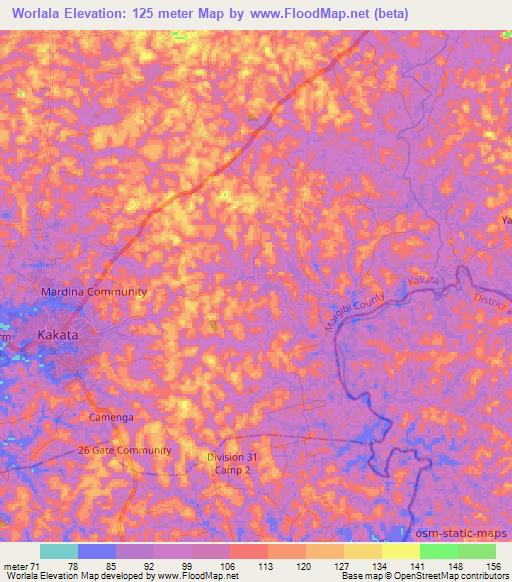 Worlala,Liberia Elevation Map