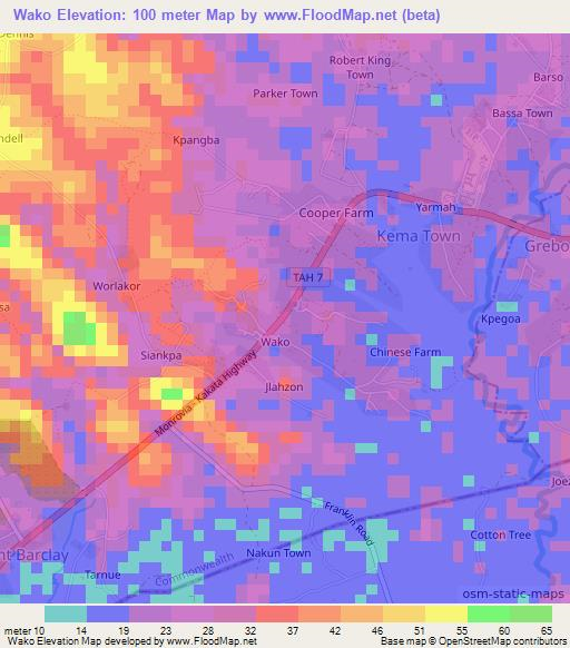 Wako,Liberia Elevation Map