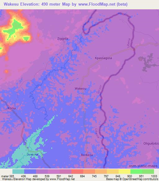 Wakesu,Liberia Elevation Map
