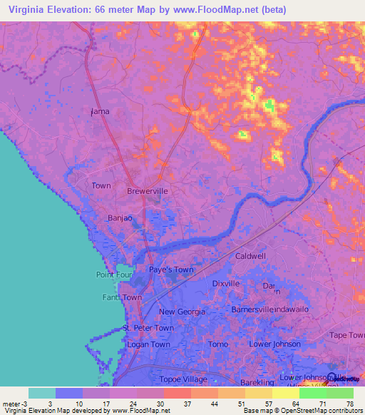 Virginia,Liberia Elevation Map