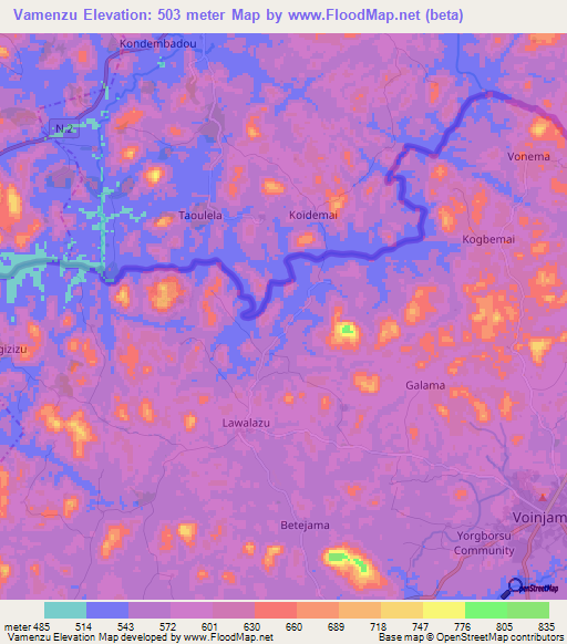 Vamenzu,Liberia Elevation Map