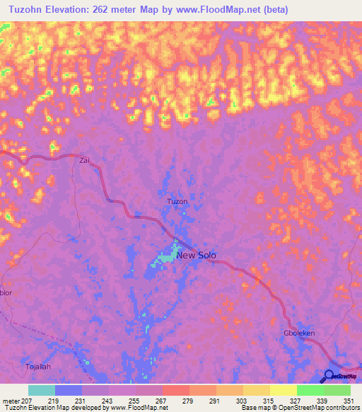 Tuzohn,Liberia Elevation Map