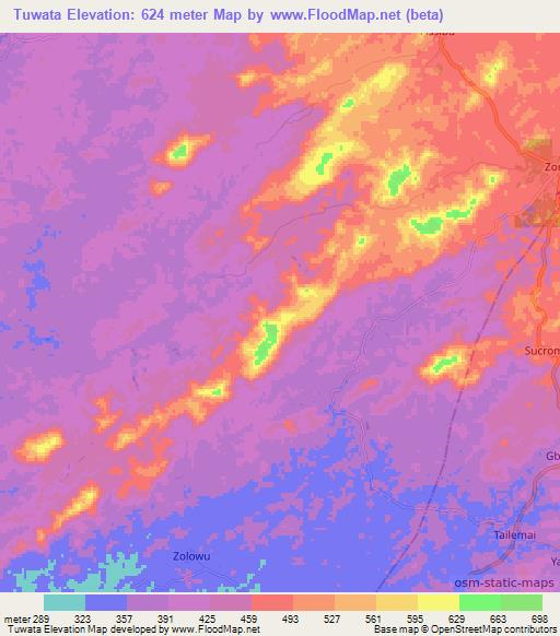 Tuwata,Liberia Elevation Map