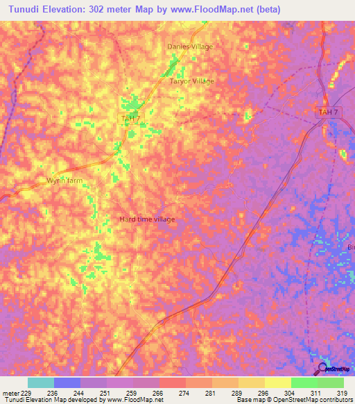 Tunudi,Liberia Elevation Map