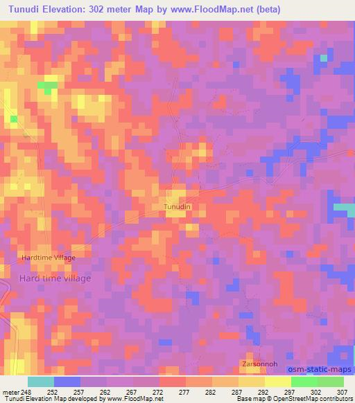 Tunudi,Liberia Elevation Map