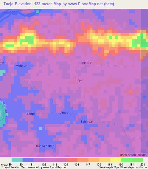 Tueja,Liberia Elevation Map