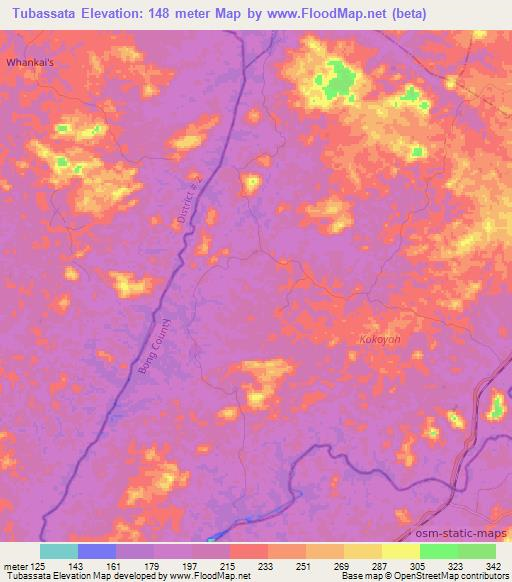 Tubassata,Liberia Elevation Map