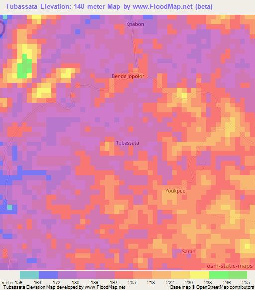Tubassata,Liberia Elevation Map