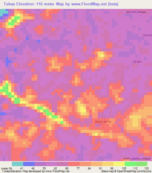 Tubaa,Liberia Elevation Map