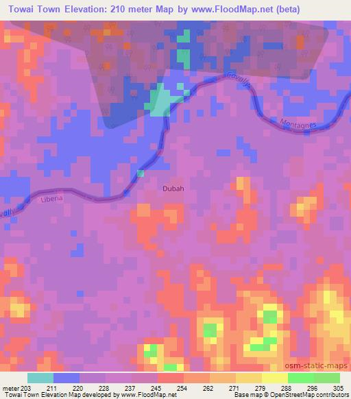 Towai Town,Liberia Elevation Map