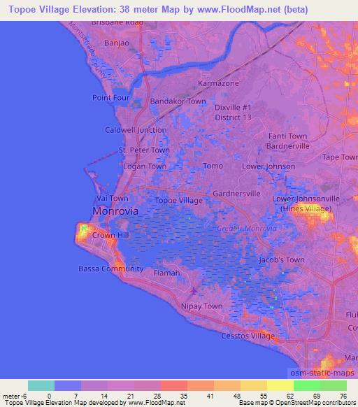 Topoe Village,Liberia Elevation Map