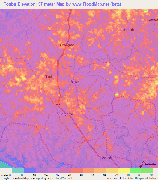 Togbu,Liberia Elevation Map