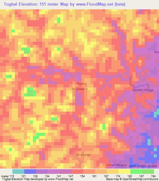 Togbal,Liberia Elevation Map