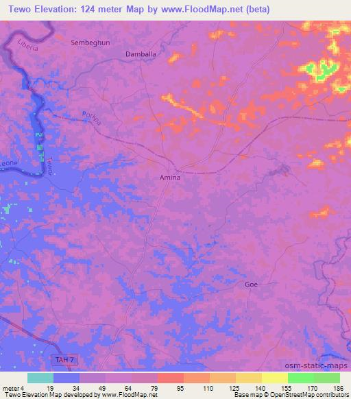 Tewo,Liberia Elevation Map