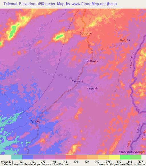 Telemai,Liberia Elevation Map