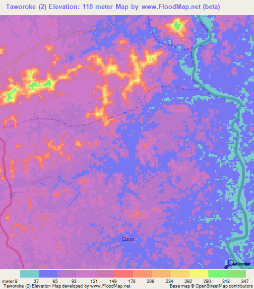 Taworoke (2),Liberia Elevation Map