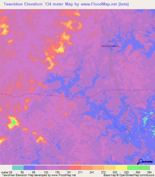 Tawohken,Liberia Elevation Map