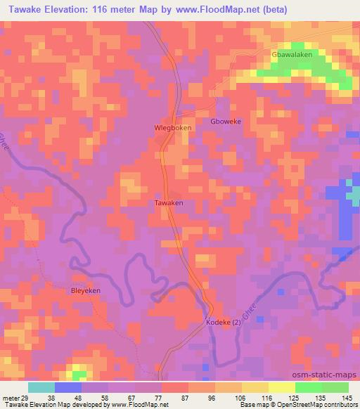 Tawake,Liberia Elevation Map