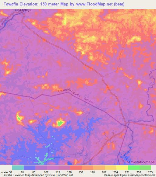 Tawafia,Liberia Elevation Map