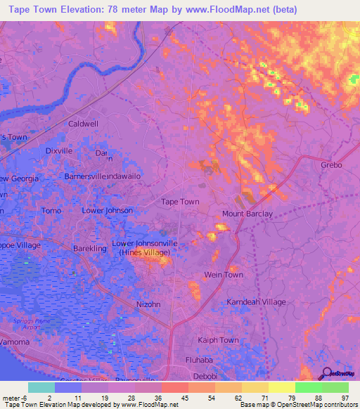 Tape Town,Liberia Elevation Map