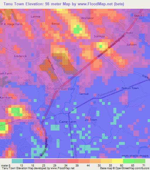 Tanu Town,Liberia Elevation Map