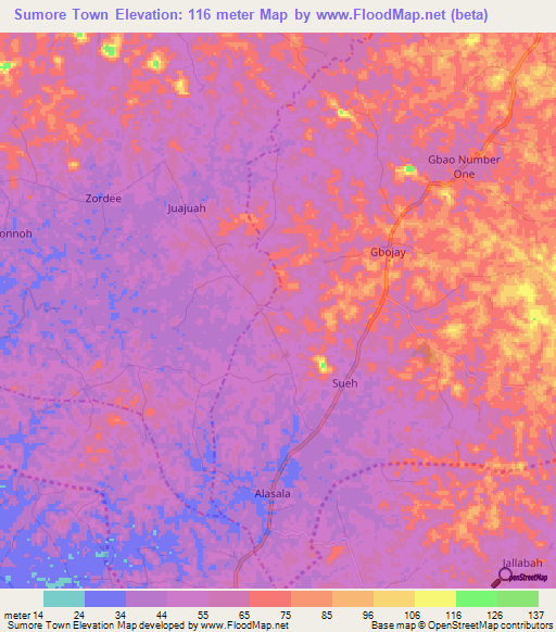 Sumore Town,Liberia Elevation Map