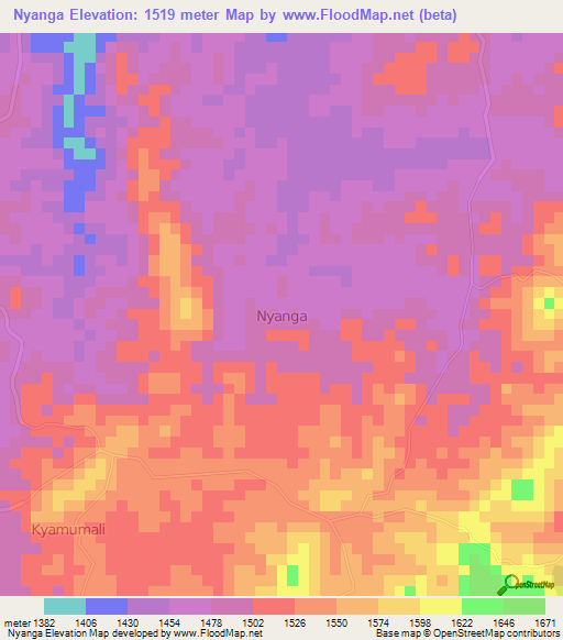 Nyanga,Uganda Elevation Map