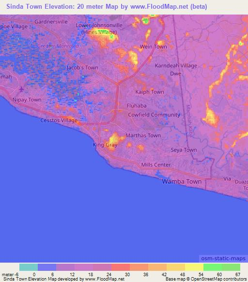 Sinda Town,Liberia Elevation Map