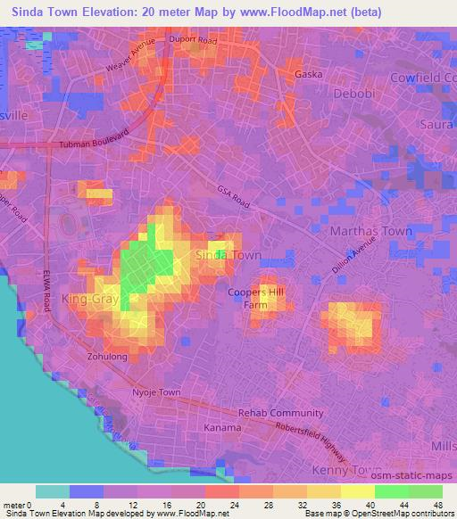 Sinda Town,Liberia Elevation Map