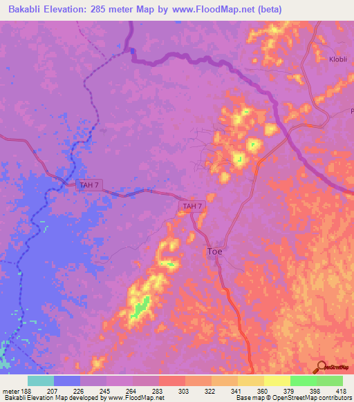 Bakabli,Liberia Elevation Map