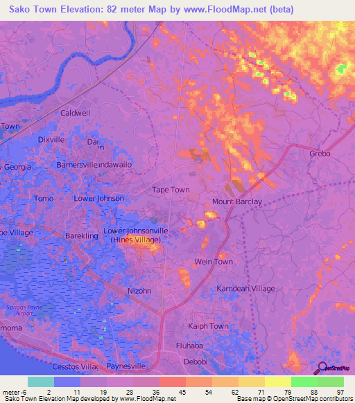 Sako Town,Liberia Elevation Map