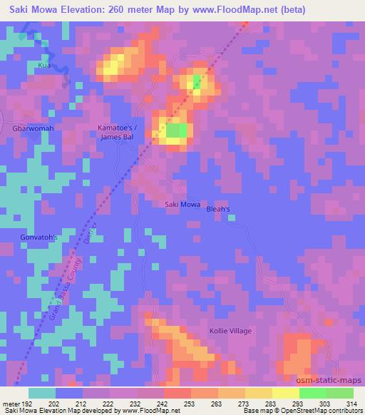 Saki Mowa,Liberia Elevation Map