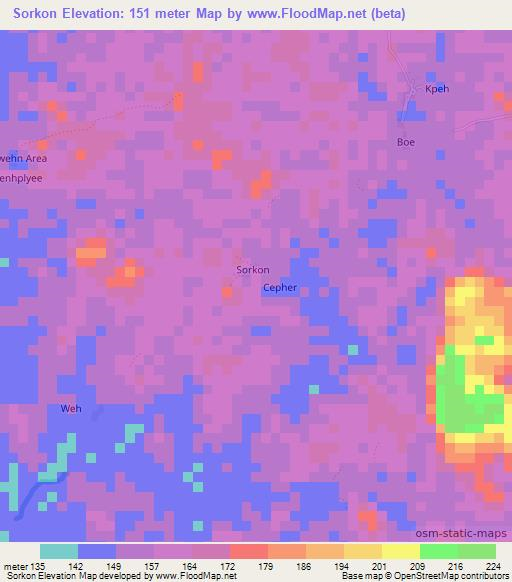 Sorkon,Liberia Elevation Map
