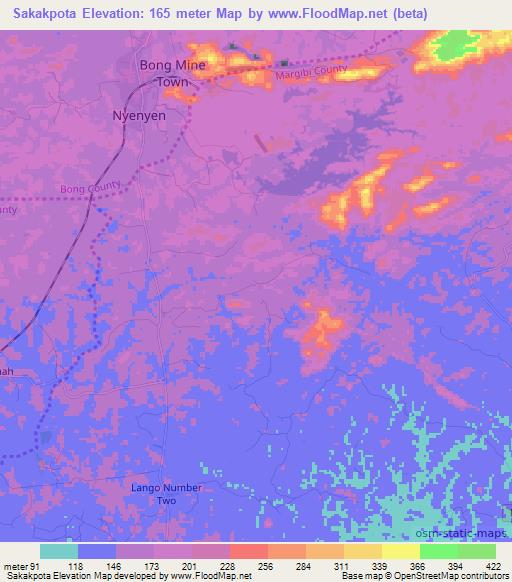 Sakakpota,Liberia Elevation Map