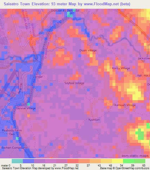 Saieatro Town,Liberia Elevation Map