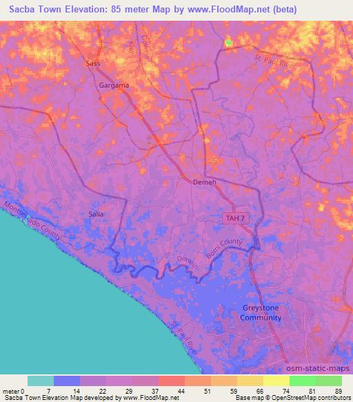 Sacba Town,Liberia Elevation Map