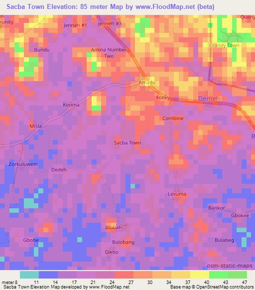 Sacba Town,Liberia Elevation Map