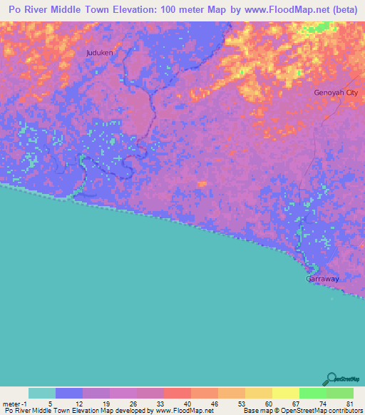 Po River Middle Town,Liberia Elevation Map