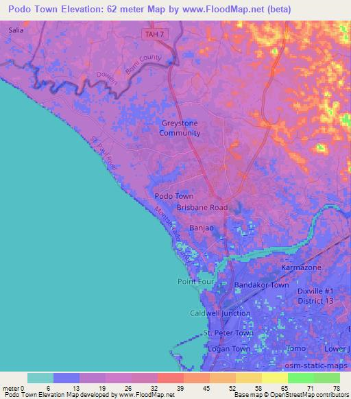 Podo Town,Liberia Elevation Map
