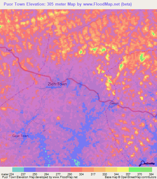 Puor Town,Liberia Elevation Map