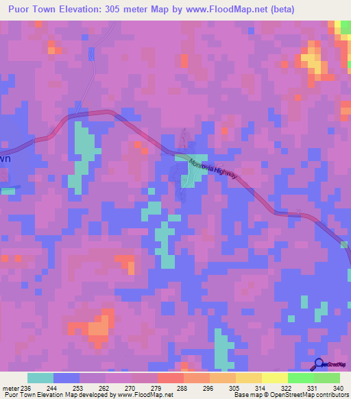 Puor Town,Liberia Elevation Map