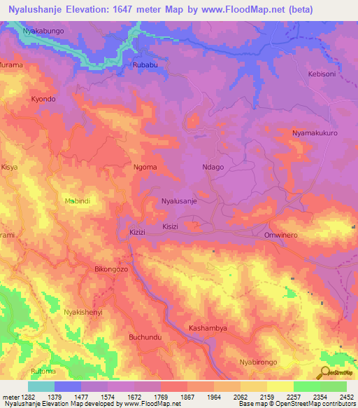 Nyalushanje,Uganda Elevation Map