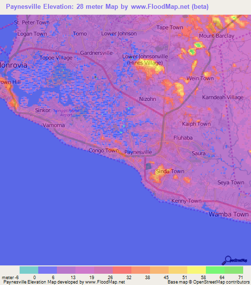 Paynesville,Liberia Elevation Map