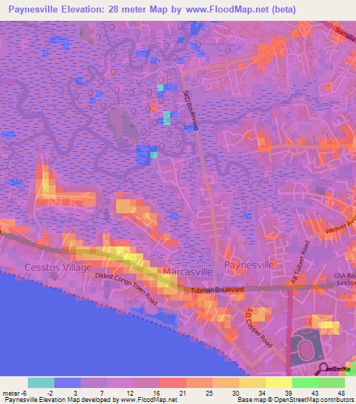 Paynesville,Liberia Elevation Map
