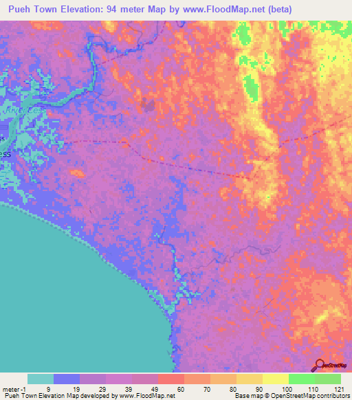 Pueh Town,Liberia Elevation Map