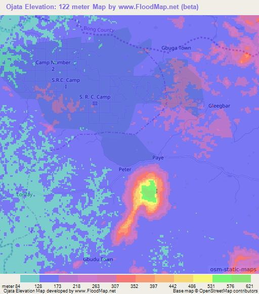 Ojata,Liberia Elevation Map