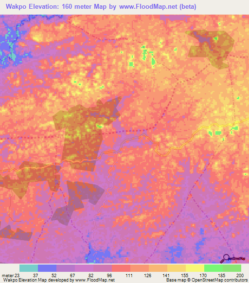 Wakpo,Liberia Elevation Map